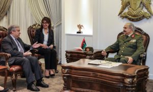 Field Marshal Khalifa Haftar (right) meets with UN secretary general António Guterres on Friday. Photograph: AFP/Getty Images