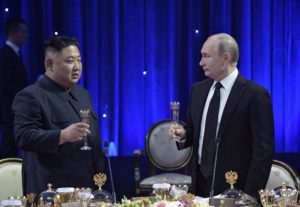 Russia's President Vladimir Putin and North Korea's leader Kim Jong Un attend an official reception following their talks in Vladivostok, April 25. Putin described Kim as quite open and as thoughtful and interesting . Sputnik/Alexei Nikolsky/Kremlin via REUTERS